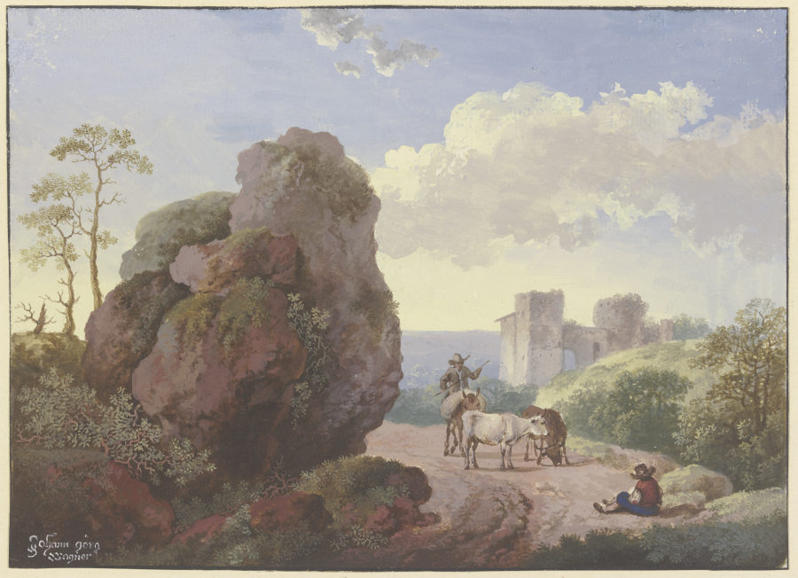 Ein großer Fels neben einem Weg mit Hirten und Vieh, rechts eine Ruine de Johann Georg Wagner