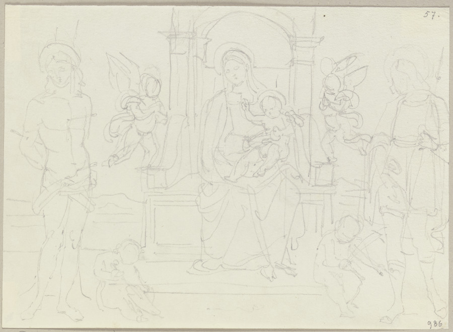 Die thronende Madonna mit Kind zwischen dem heiligen Sebastian sowie einem Lanze tragenden Heiligen  de Johann Ramboux