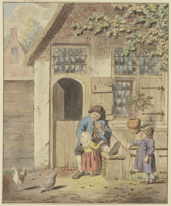 Vor einer Haustür sitzt ein Bauer mit zwei Kindern, dabei zwei Hühner de Johannes Christiaan Janson