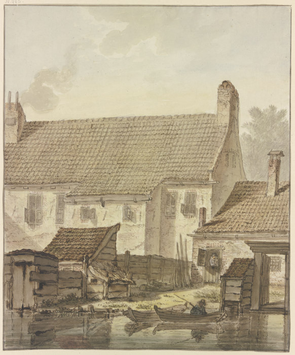 Häuserzeile am Wasser, vorne zwei Kähne mit einem Angler de Johannes Hendrik Knoop