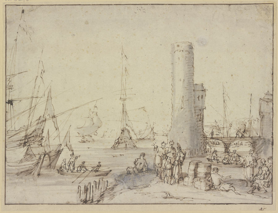 Ein Hafen mit einem Leuchtturm, im Vordergrund figürliche Staffage, unter anderem eine Gruppe von zw de Johannes Lingelbach