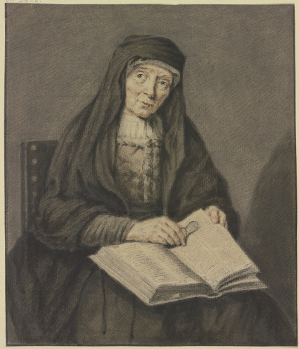 Sitzende alte Frau in einem Buch lesend, sie hält die Brille in der Hand, Kniestück de Johannes Pieter de Frey
