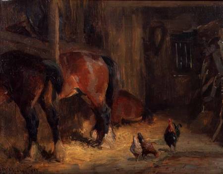 A Stable Interior with Horses and Chickens de John Atkinson