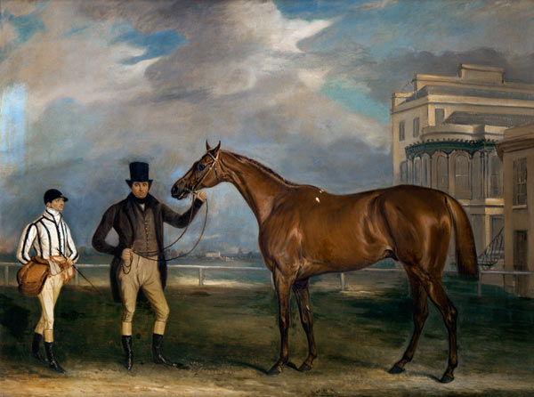 General Chasse, a chestnut racehorse being held by his trainer, with his jockey, J. Holmes standing de John E. Ferneley d.J.