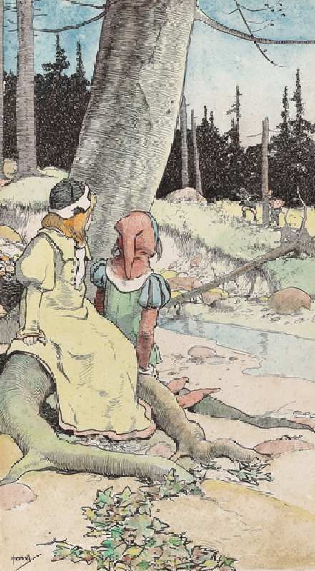 The Babes in the wood, c.1900 (w/c & pen & ink on paper) de John Hassall