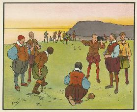 Sir Francis Drake and Sir John Hawkins at bowls (colour litho)