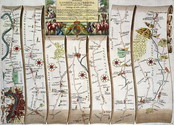 Road from London to Bristol, from John Ogilby's 'Britannia', published London, 1675 (hand-coloured e de John Ogilby