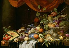 A Still Life of Fruit on a Draped Ledge