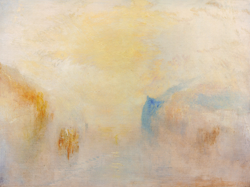 Sunrise with a boat between spits of land de William Turner
