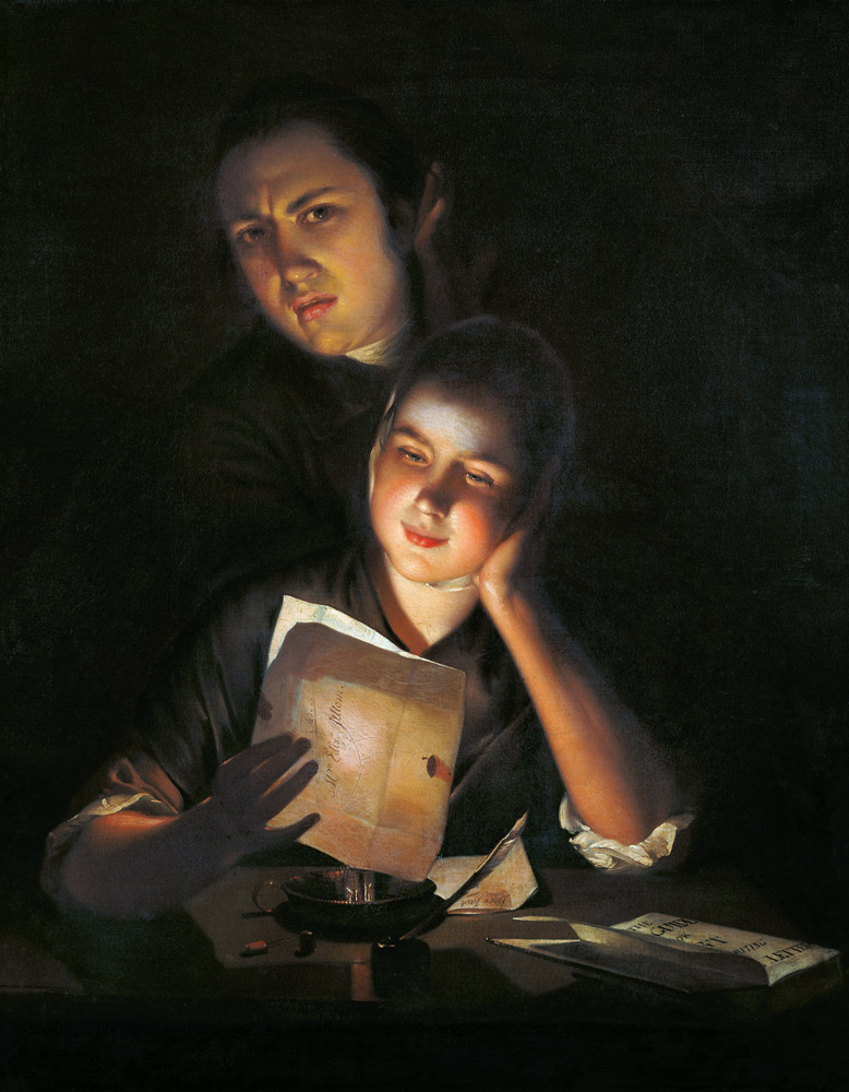 A Girl reading a letter by Candlelight, with a Young Man peering over her shoulder de Joseph Wright of Derby