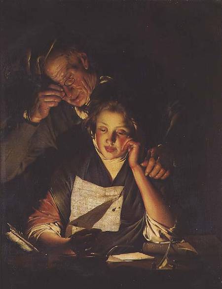 A Girl reading a Letter, with an Old Man reading over her shoulder de Joseph Wright of Derby