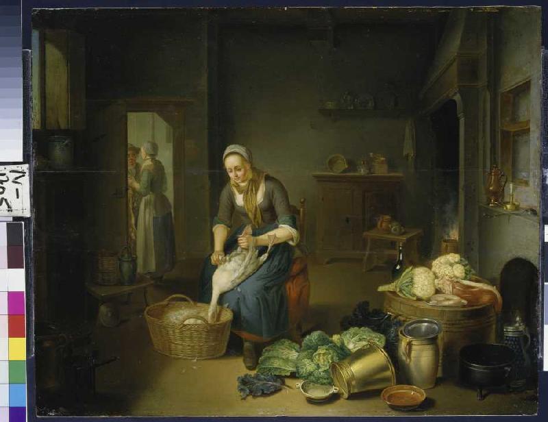 Küchenstück mit Gänse rupfender Frau de Justus Juncker