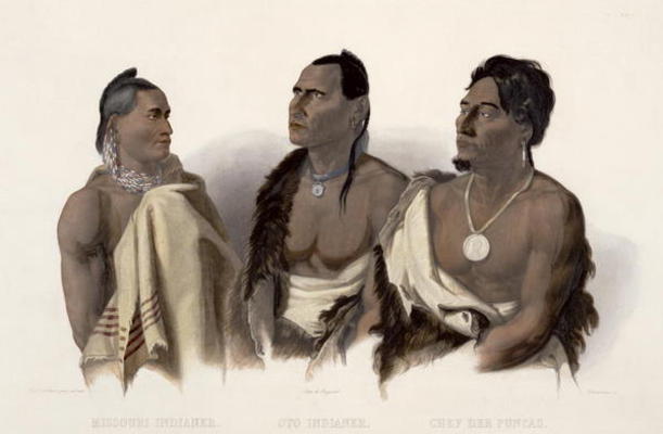 A Missouri Indian, an Oto Indian and the Chief of the Puncas, plate 7 from 'Travels in the Interior de Karl Bodmer
