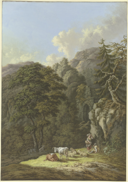 Waldige Berglandschaft mit einem alten Tor und einer Viehherde in einer Lichtung de Karl Franz Kraul