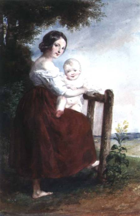 Girl holding a Baby: Landscape Background de Károly Brocky