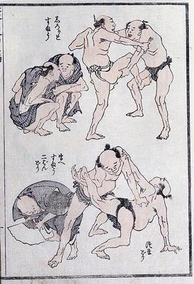 Studies of gestures and postures of wrestlers, from a Manga (colour woodblock print)