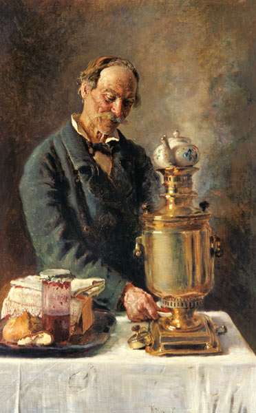 Tea drinker at the samovar de Konstantin Jegorowitsch Makowski