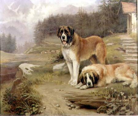 Two St. Bernards in an Alpine Landscape de Leghe Suthers