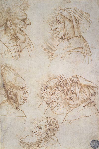 Seven Studies of Grotesque Faces de Leonardo da Vinci