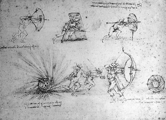 Study with Shields for Foot Soldiers and an Exploding Bomb, c.1485-88 (pen and ink on paper) de Leonardo da Vinci