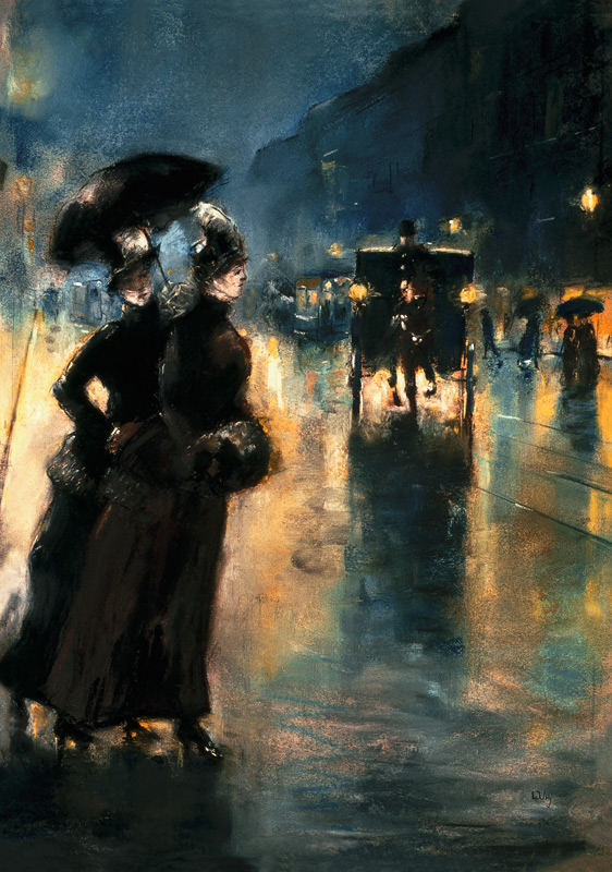 Nightly Berlin Strasse with hackney cab de Lesser Ury