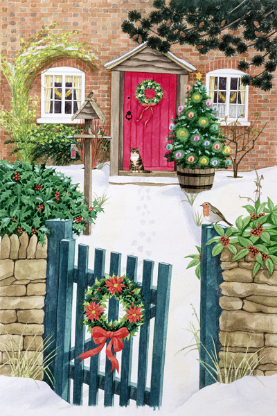 Snowy Front Garden (gouache on paper)  de Linda  Benton