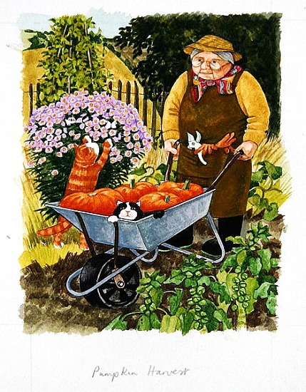 Grandma and 2 cats and pumpkin harvest de Linda  Benton