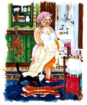 Grandma and 2 cats and nightdress