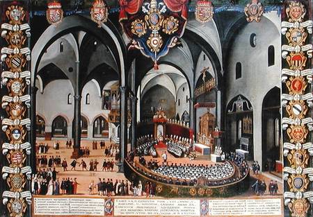 Organ door depicting the Council of Aquileia in 1596 at Udine de Lodewyk Pozzoserrato Toeput