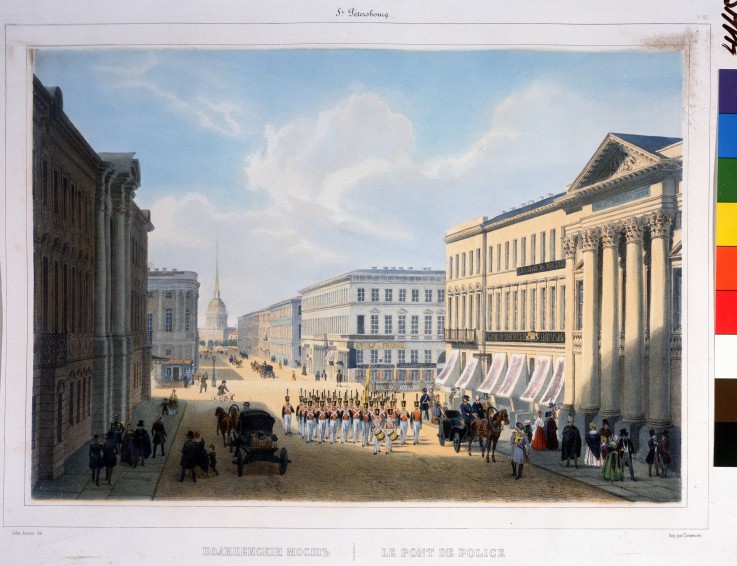 The Police Bridge in St. Petersburg. View of the Nevsky Prospekt from the Stroganov Palace de Louis Jules Arnout