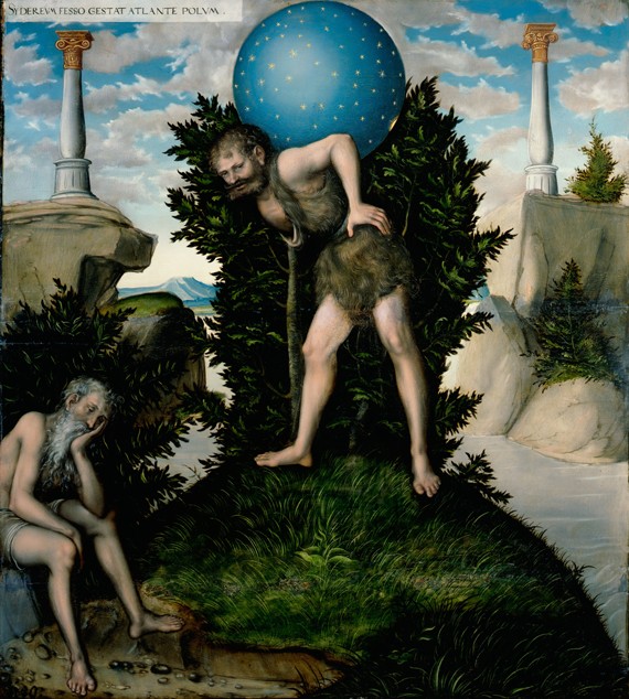Atlas and Hercules (From The Labours of - Lucas Cranach el Viejo en  reproducción impresa o copia al óleo sobre lienzo.
