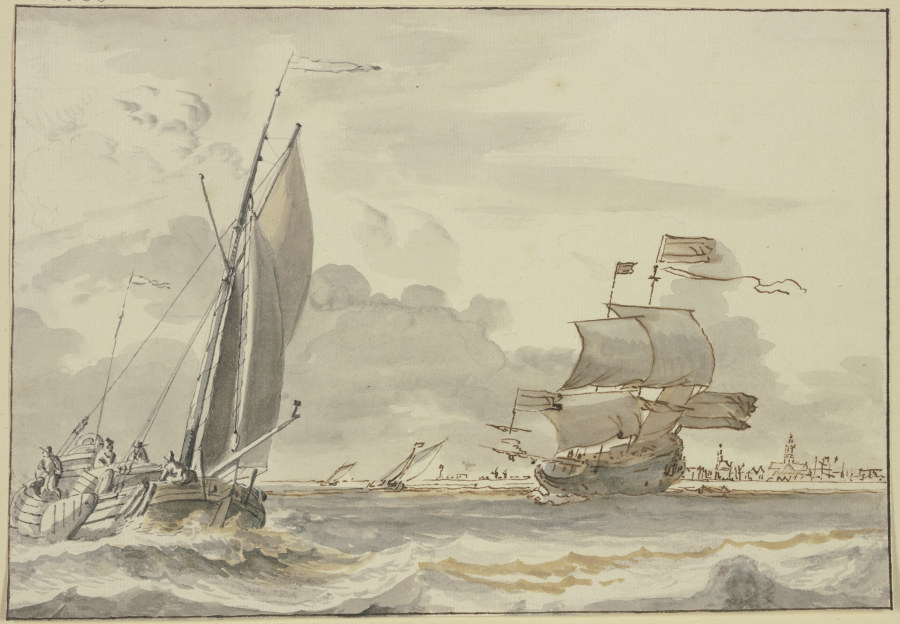 Bewegte See, nach rechts segelndes Schiff, links eine Barke mit vier Mann, im Hintergrund eine Stadt de Ludolf Backhuysen
