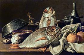 Still Life With Bream, Oranges, Garlic and Kitchen Utensils