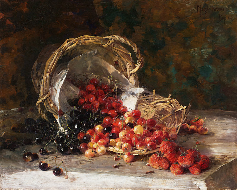 Stillleben mit Kirschen und Erdbeeren im geflochtenen Korb de Magda Kröner