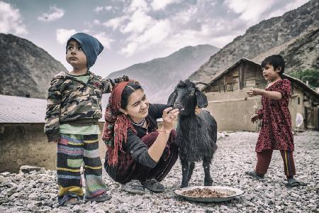 Kids and a goat in the village of Padrud