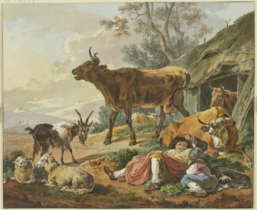 Rechts ein Stall, aus welchem zwei Kühe kommen, davor zwei schlafende Hirten mit ihrem Hund und eine de Marquard Wocher