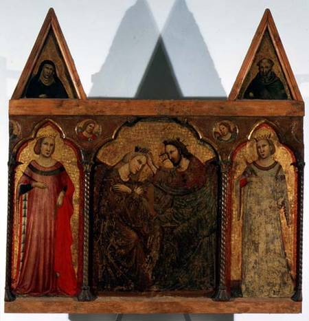 Triptych: Coronation of the Virgin flanked by two saints de Master of the Urbino Coronation