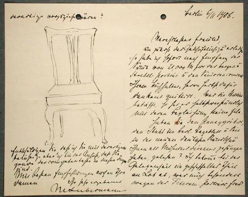 Artist's notes and sketch of a chair (ink on paper) de Max Liebermann