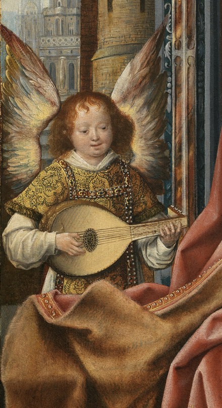 Triptych of the Holy Family with Music Making Angels. Detail: The Angel de Meister von Frankfurt