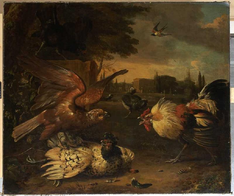 Ein Hahn verteidigt eine von einem Falken geschlagene Henne. de Melchior de Hondecoeter