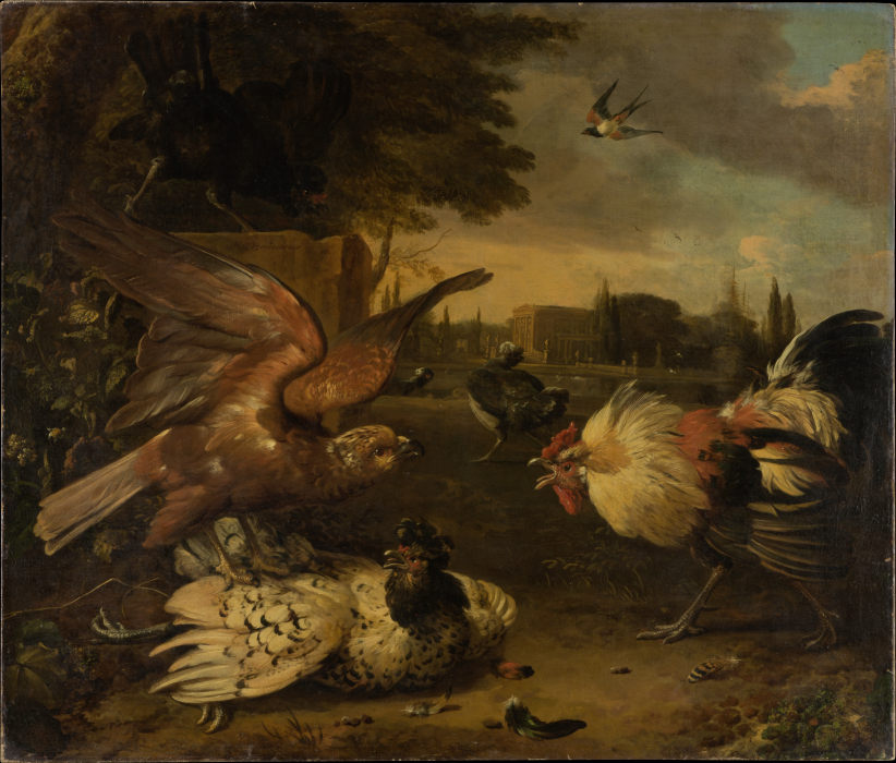 A Cock Defends a Hen from an Attacking Bird of Prey de Melchior de Hondecoeter