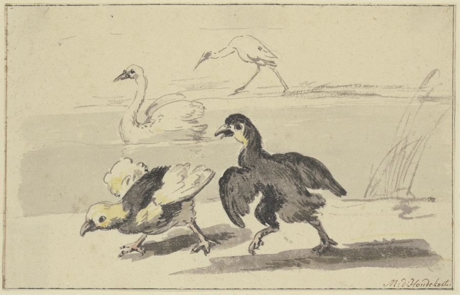 Zwei junge Schwäne nach links laufend, auf dem Wasser das Elterntier, hinten ein Storch de Melchior de Hondecoeter