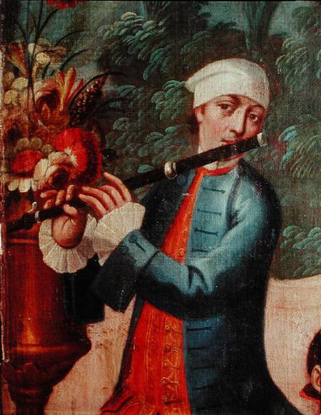 A Flautist, detail from a screen de Mexican School