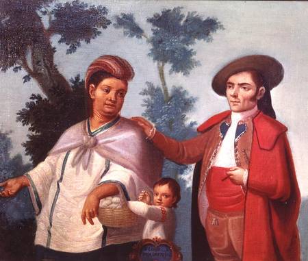 A Spaniard and his Mexican Indian Wife, illustration of mixed race marriages in Mexico de Mexican School