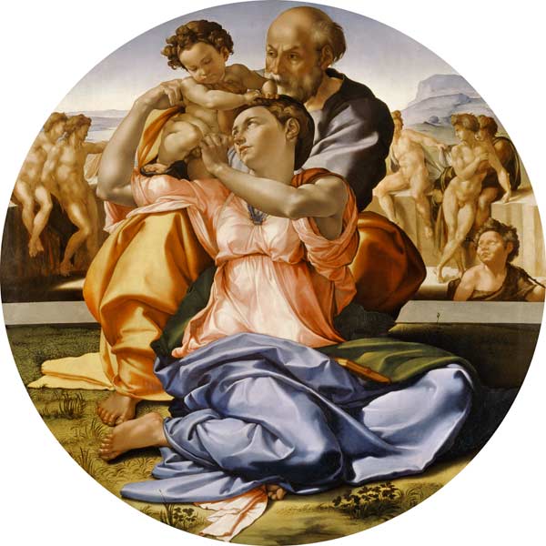 La Familia Sagrada - Michelangelo (Buonarroti) en reproducción impresa o  copia al óleo sobre lienzo.