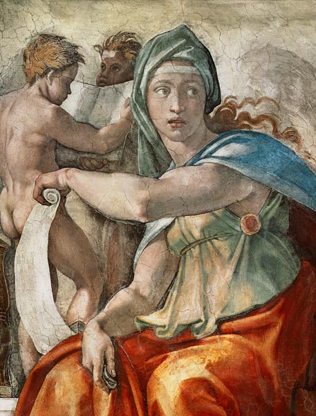 Delphe : Pintura al fresco en el techo de la Capilla Sistine - Michelangelo  (Buonarroti) en reproducción impresa o copia al óleo sobre lienzo.