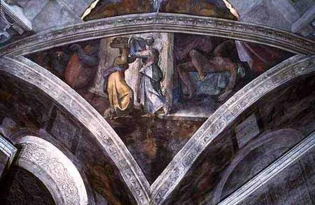 Sistine Chapel Ceiling: Judith Carrying the Head of Holofernes (spandrel) (pre restoration) de Miguel Ángel Buonarroti