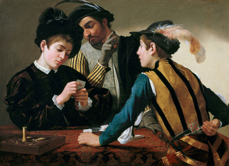The cheats - Michelangelo Caravaggio en reproducción impresa o copia al óleo  sobre lienzo.