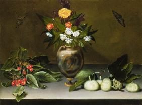 Vase with flowers, cherries, figs and two butterfl