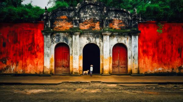 Ein Junge mit einem Hund vor einem Tempel in Vietnam. Farben und Architektur Asiens de Miro May